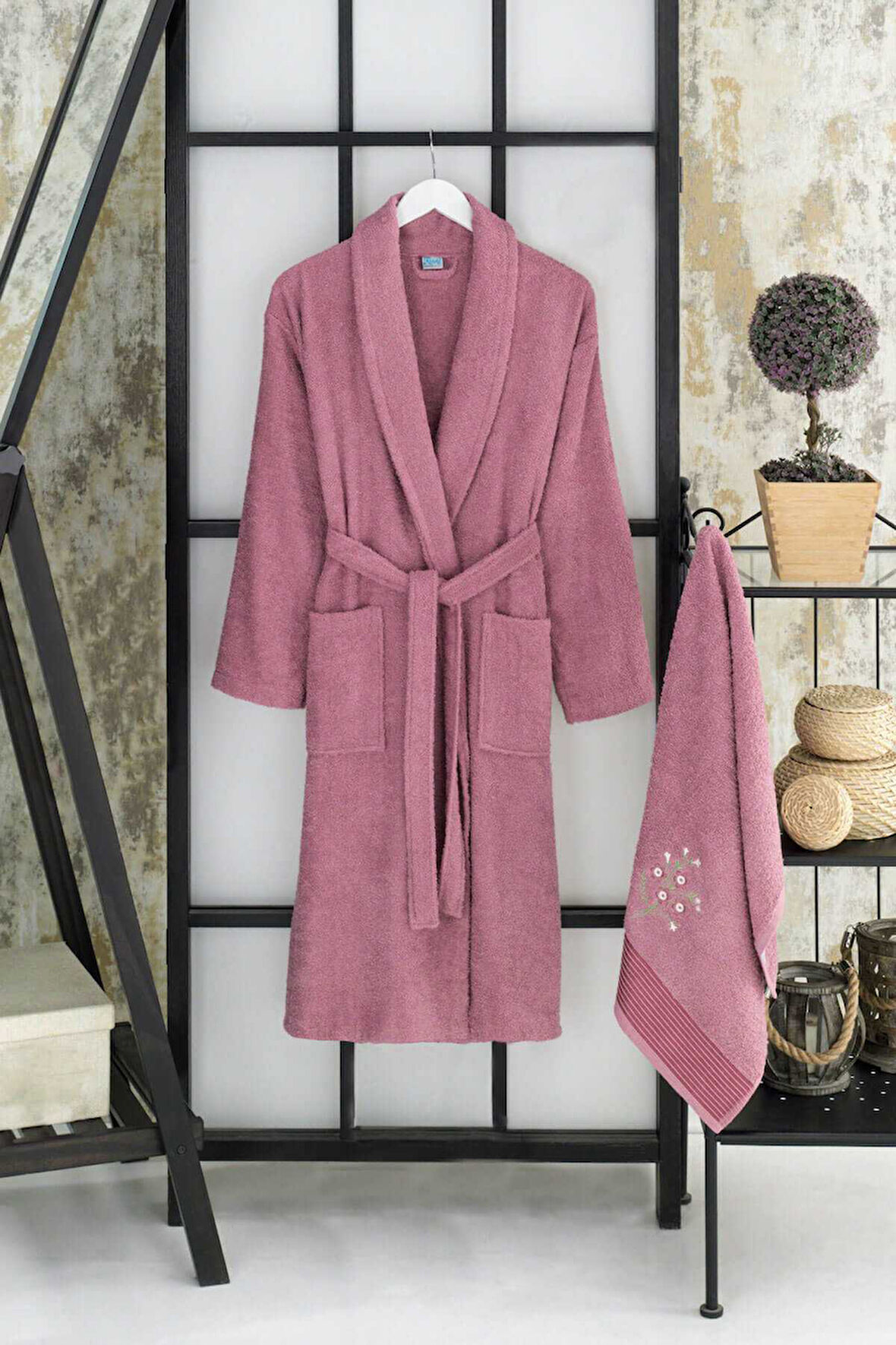 Kadın Havlulu Banyo Bornoz Takımı &#37;100 Pamuklu Mürdüm - L-XL