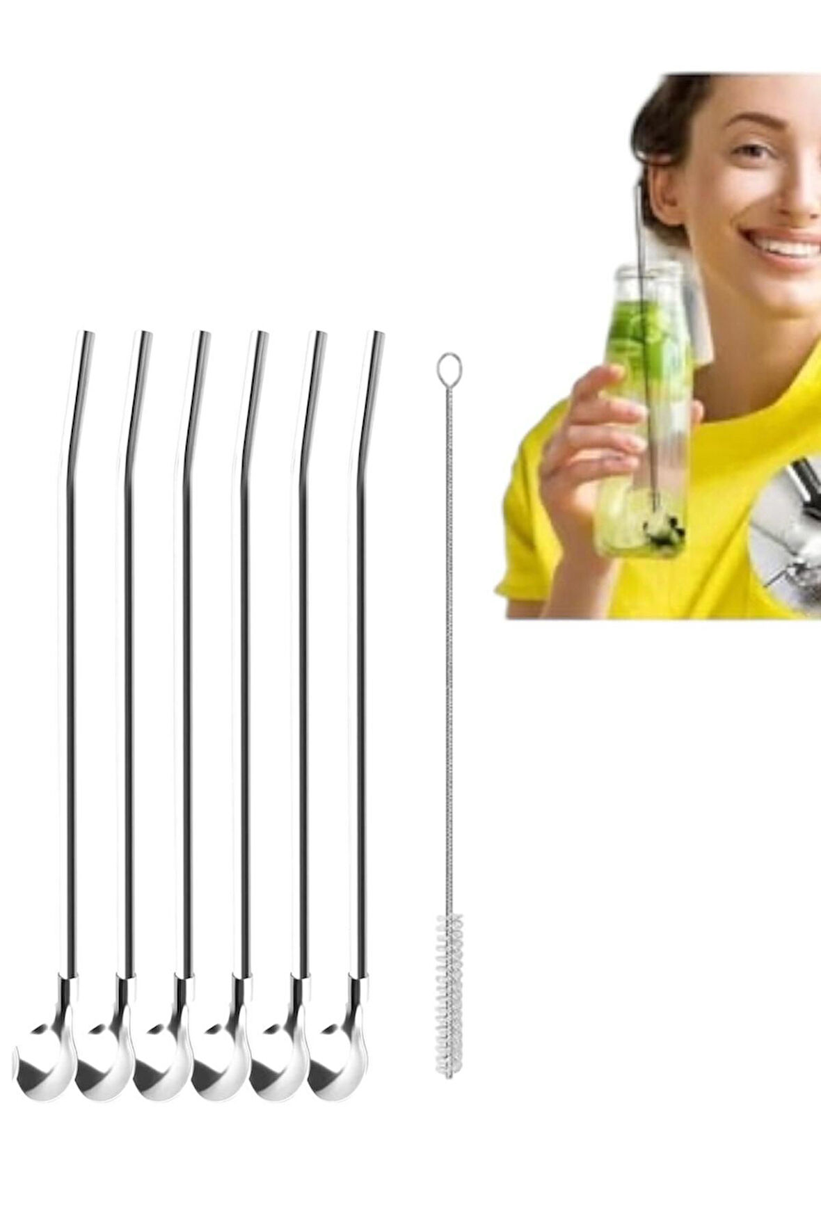 6 Lı Metal Kaşıklı Pipet Paslanmaz Çelik Pipet + Temizleme Fırçası - 6+1  Kaşıklı Pipet Seti