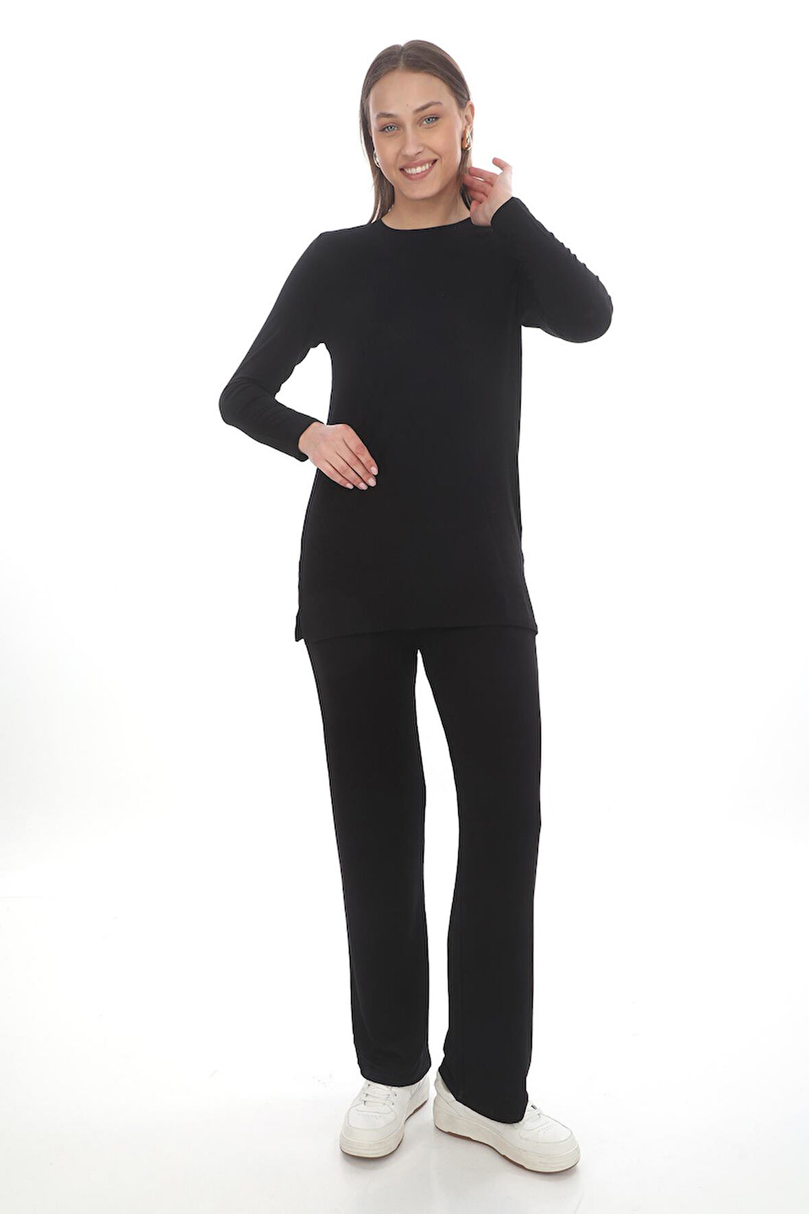 Bisiklet Yaka Viskon Tunik vePantolon Takım-Siyah