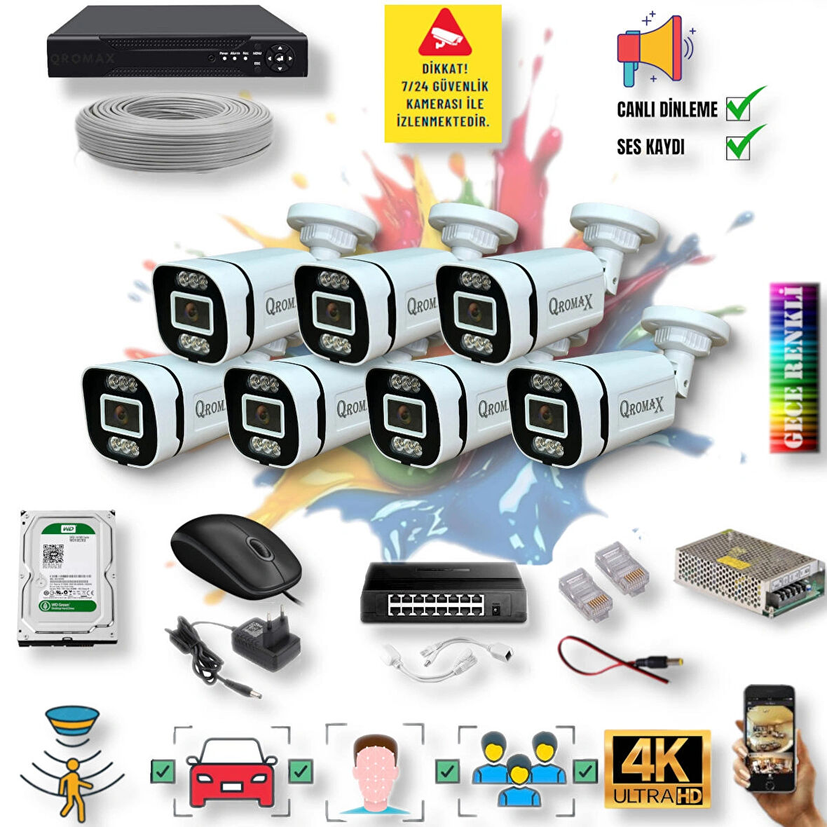 7 Kameralı IP Set - Yapay Zeka Özellikli Gece Renkli Gösteren Sesli 6 Warm Ledli 4K FULLHD IP Güvenlik Kamerası Seti 4386WS