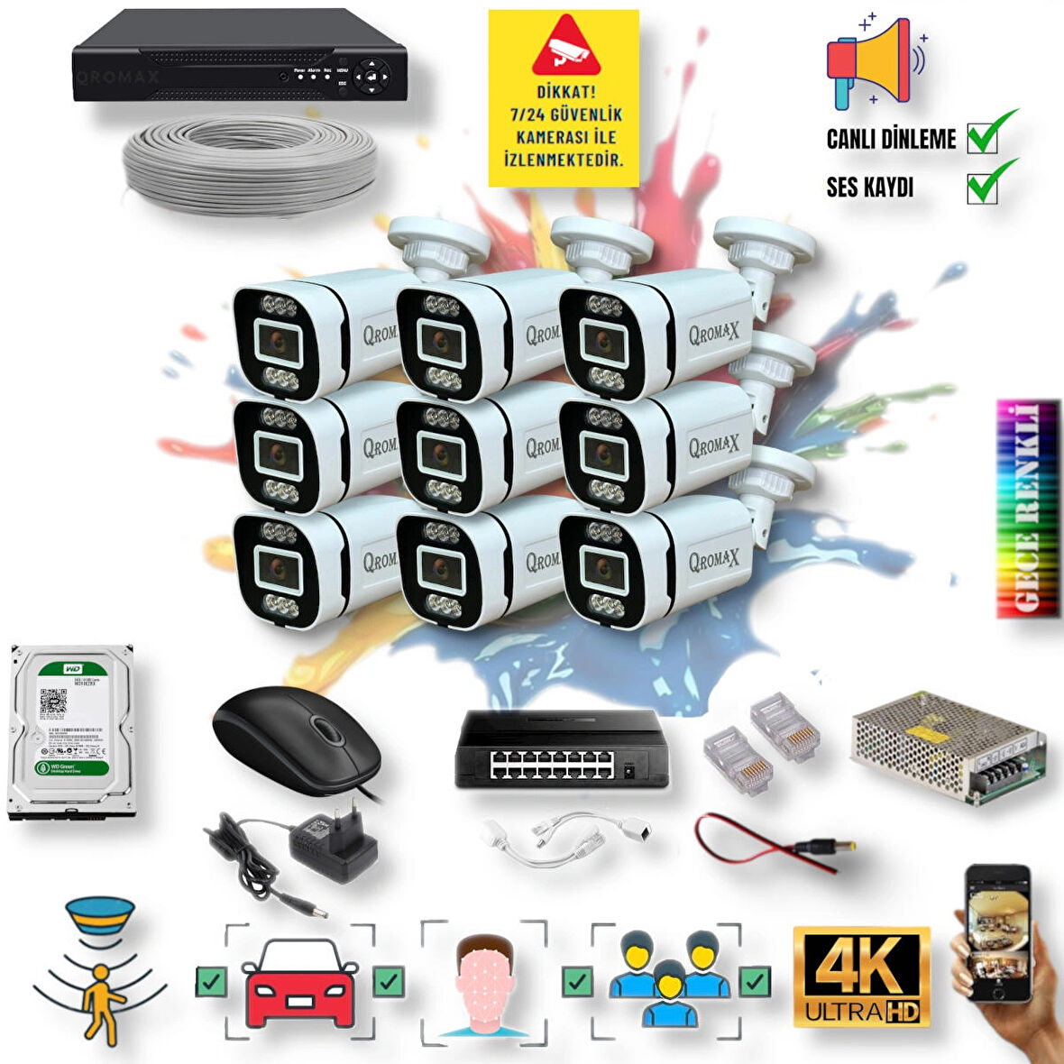 9 Kameralı IP Set - Yapay Zeka Özellikli Gece Renkli Gösteren Sesli 6 Warm Ledli 4K FULLHD IP Güvenlik Kamerası Seti 4386WS