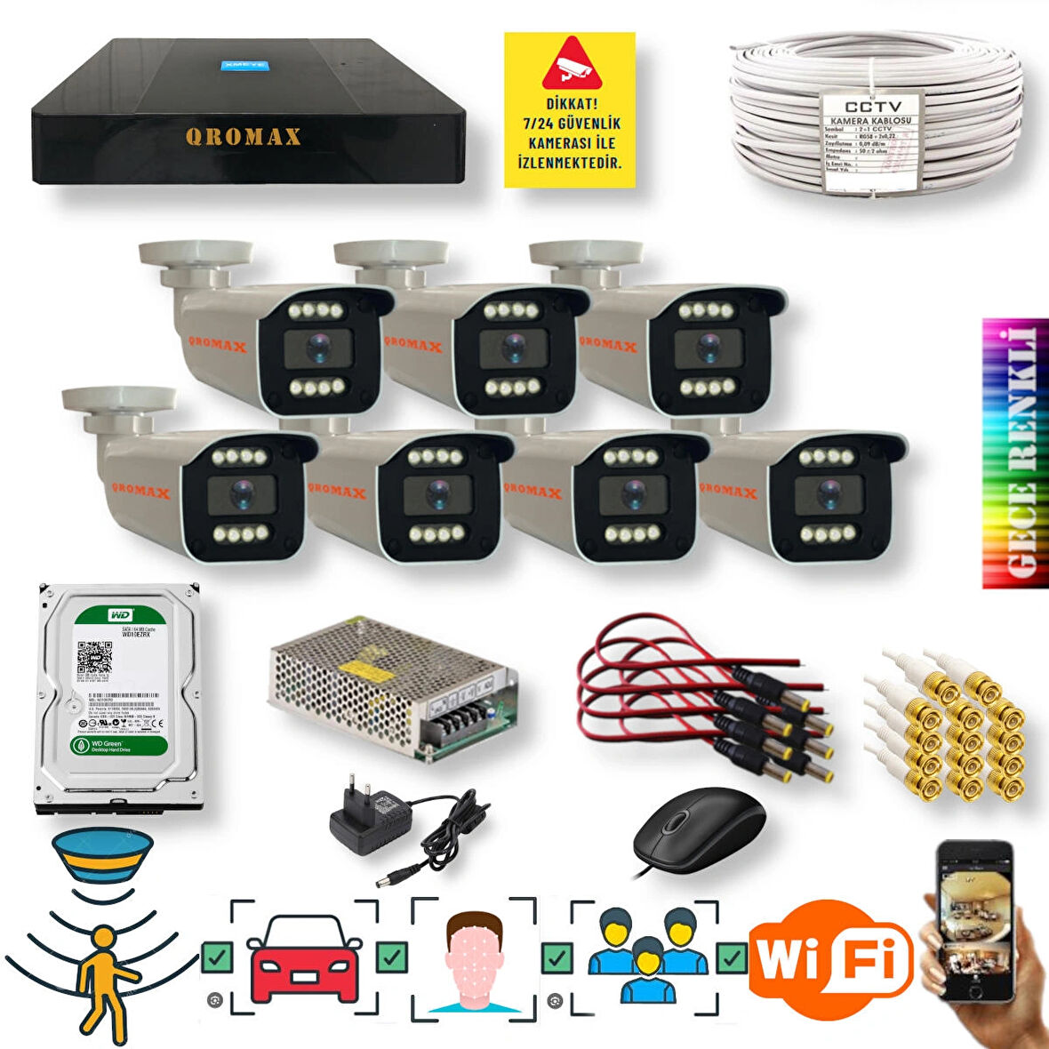 7 Kameralı Set - Yapay Zeka Özellikli Gece Renkli Gösteren 5 MP SONY Lensli 8 Warm Ledli FULLHD Güvenlik Kamerası Seti 908W-9008