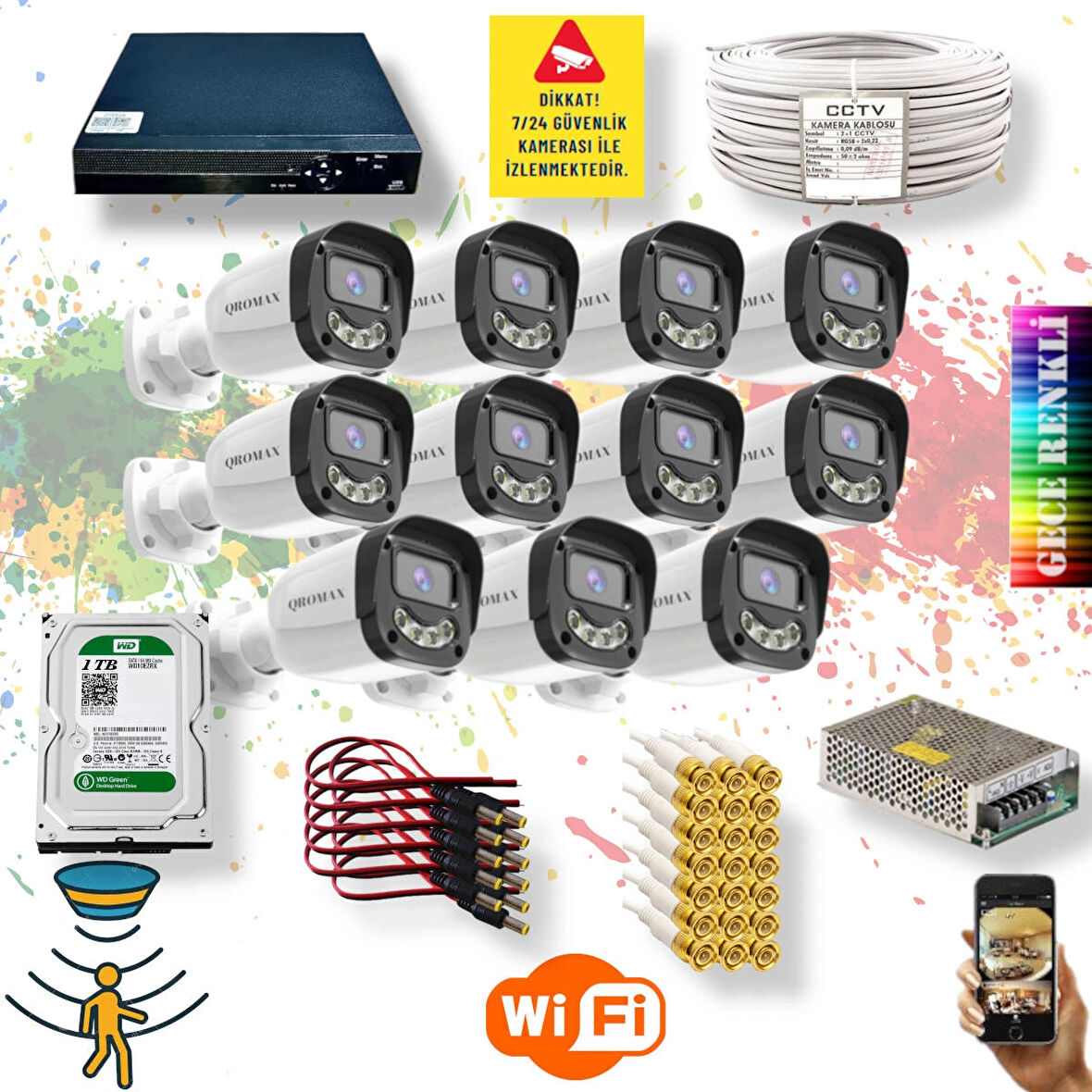 11 Kameralı Set - Gece Renkli Gösteren Hareket Algılayan 5MP SONY Lensli 4 Ultra Warm Ledli FULLHD Güvenlik Kamerası Seti 2304W-9016