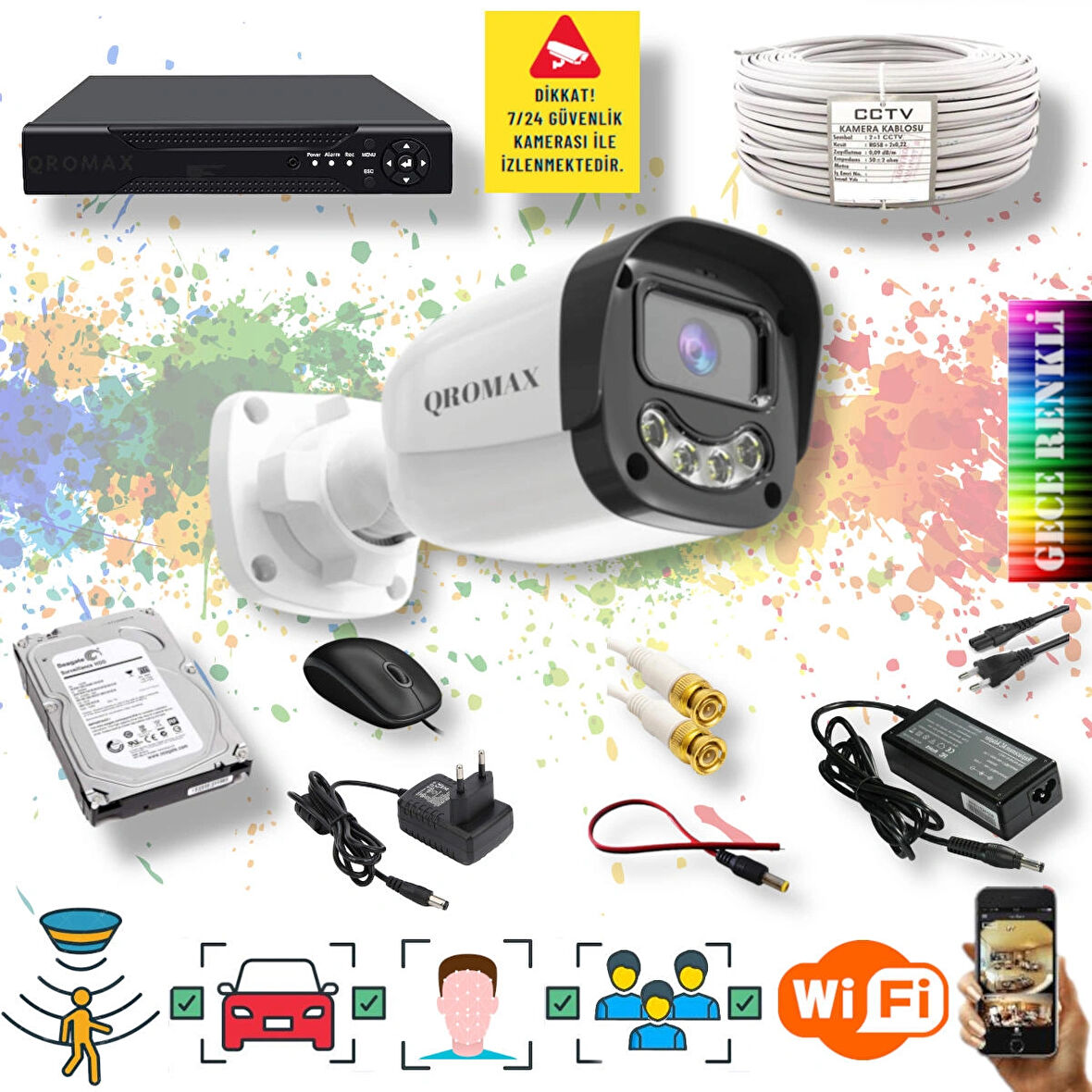 1 Kameralı Set - Yapay Zeka Özellikli Gece Renkli Gösteren 5MP SONY Lensli 4 Ultra Warm Ledli FULLHD Güvenlik Kamerası Seti 2304W-104