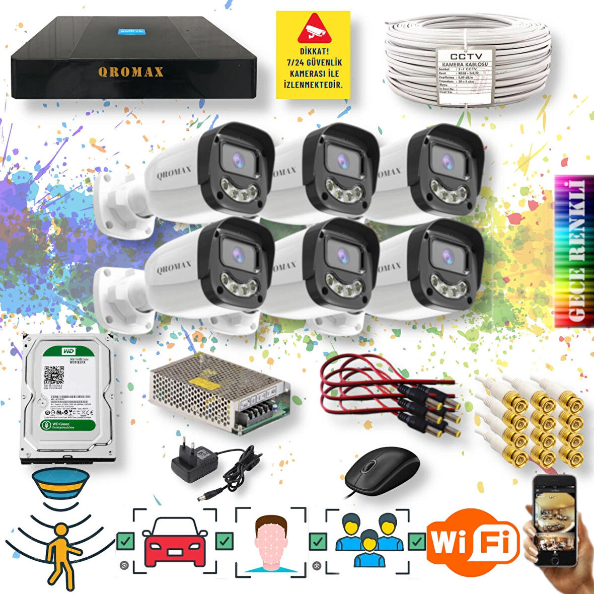 6 Kameralı Set - Yapay Zeka Özellikli Gece Renkli Gösteren 5MP SONY Lensli 4 Ultra Warm Ledli FULLHD Güvenlik Kamerası Seti 2304W-9008