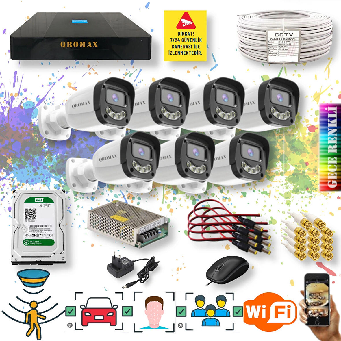 7 Kameralı Set - Yapay Zeka Özellikli Gece Renkli Gösteren 5MP SONY Lensli 4 Ultra Warm Ledli FULLHD Güvenlik Kamerası Seti 2304W-9008