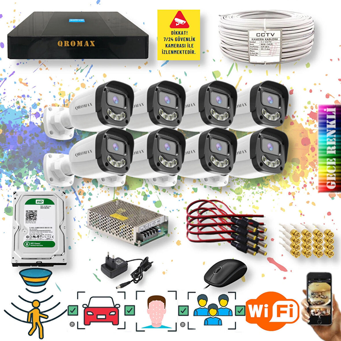 8 Kameralı Set - Yapay Zeka Özellikli Gece Renkli Gösteren 5MP SONY Lensli 4 Ultra Warm Ledli FULLHD Güvenlik Kamerası Seti 2304W-9008