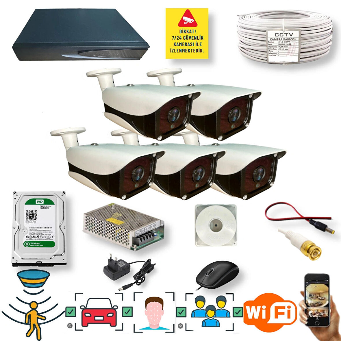 5 Kameralı Set - Araç İnsan Yüz Tanımalı Gece Görüşlü 36 IR Ledli Metal Güvenlik Kamerası Seti E336