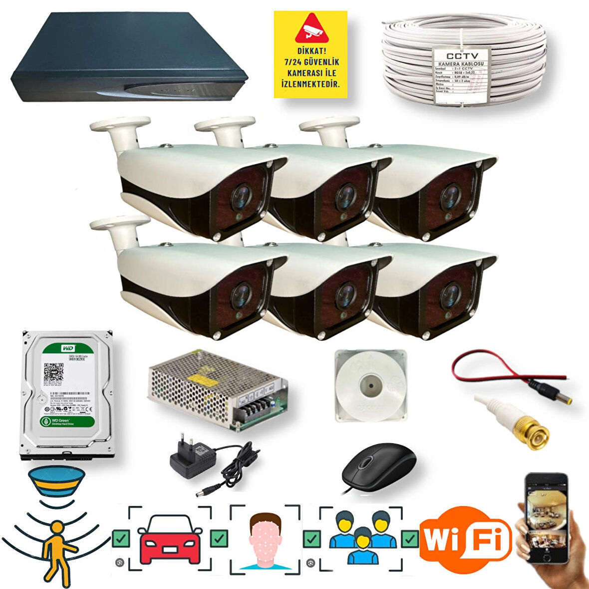 6 Kameralı Set - Araç İnsan Yüz Tanımalı Gece Görüşlü 36 IR Ledli Metal Güvenlik Kamerası Seti E336