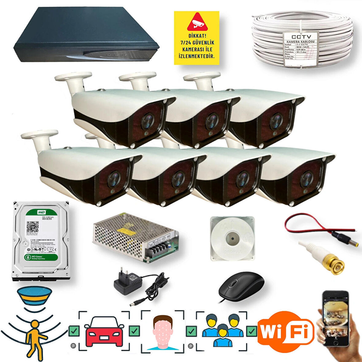 7 Kameralı Set - Araç İnsan Yüz Tanımalı Gece Görüşlü 36 IR Ledli Metal Güvenlik Kamerası Seti E336