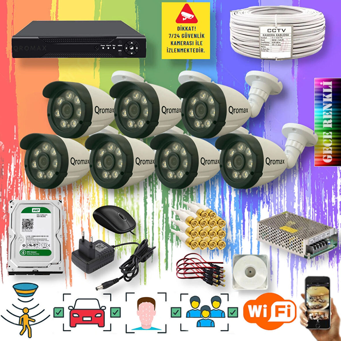 7 Kameralı Set - Yapay Zeka Özellikli Gece Renkli Gösteren 8 Warm Ledli TurboHD Güvenlik Kamerası Seti 3908W-108