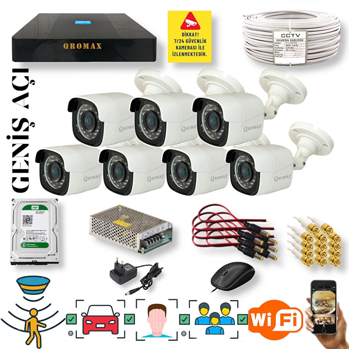7 Kameralı Set - Geniş Açılı Hareket Algılayan Gece Görüşlü 5 MP Sony Lensli FullHD Güvenlik Kamerası Seti 5620-9008