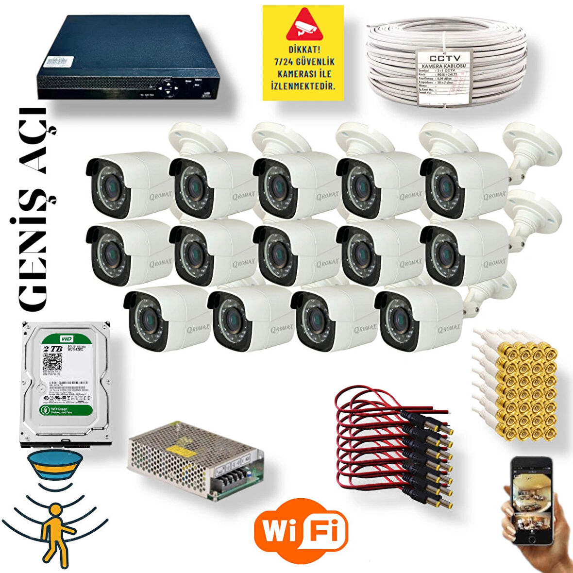14 Kameralı Set - Geniş Açılı Hareket Algılayan 5mp Sony Lensli FullHD Güvenlik Kamerası Seti 5620-9016