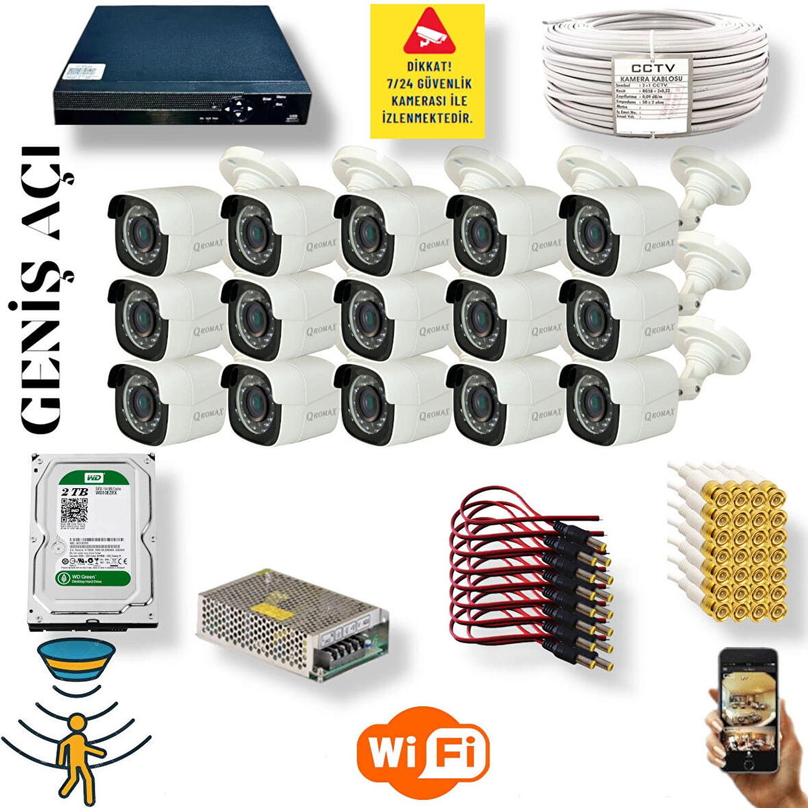 15 Kameralı Set - Geniş Açılı Hareket Algılayan 5mp Sony Lensli FullHD Güvenlik Kamerası Seti 5620-9016