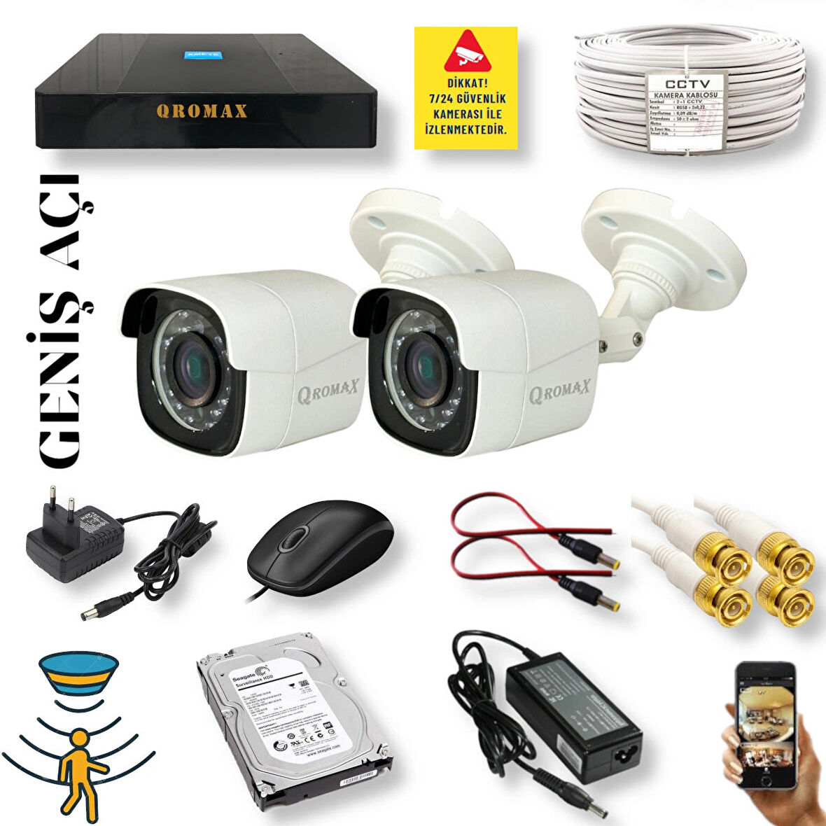 2 Kameralı Set - Geniş Açılı Hareket Algılayan Gece Görüşlü 5 MP Sony Lensli FullHD Güvenlik Kamerası Seti 5620-9004