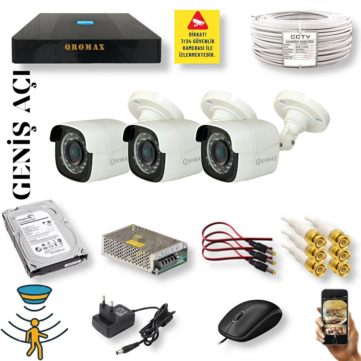 3 Kameralı Set - Geniş Açılı Hareket Algılayan Gece Görüşlü 5 MP Sony Lensli FullHD Güvenlik Kamerası Seti 5620-9004