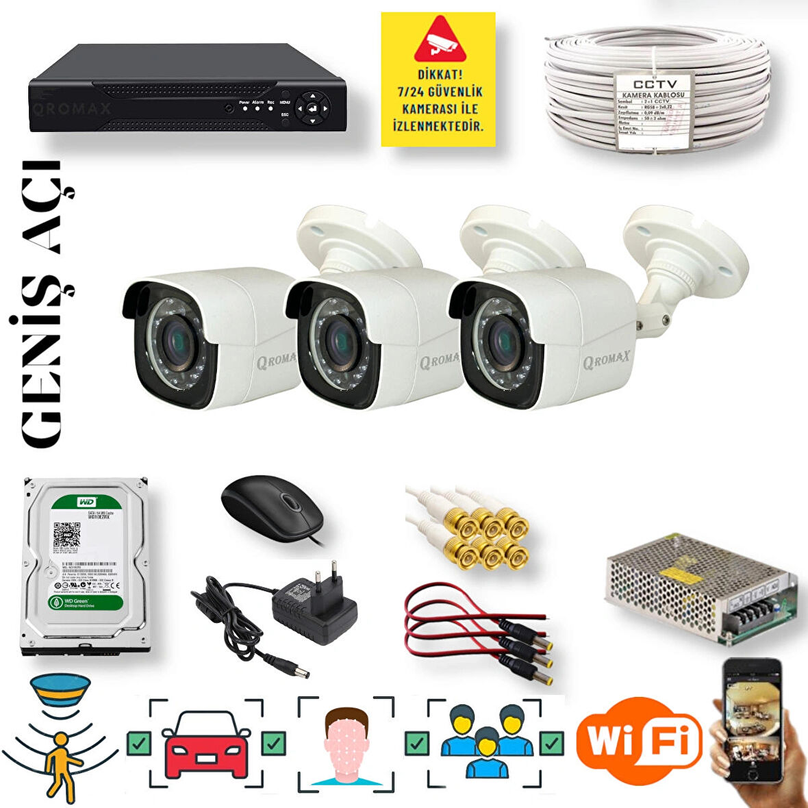 3 Kameralı Set - Yapay Zeka Özellikli Geniş Açılı Gece Görüşlü 5 MP Sony Lensli FullHD Güvenlik Kamerası Seti 5620-104