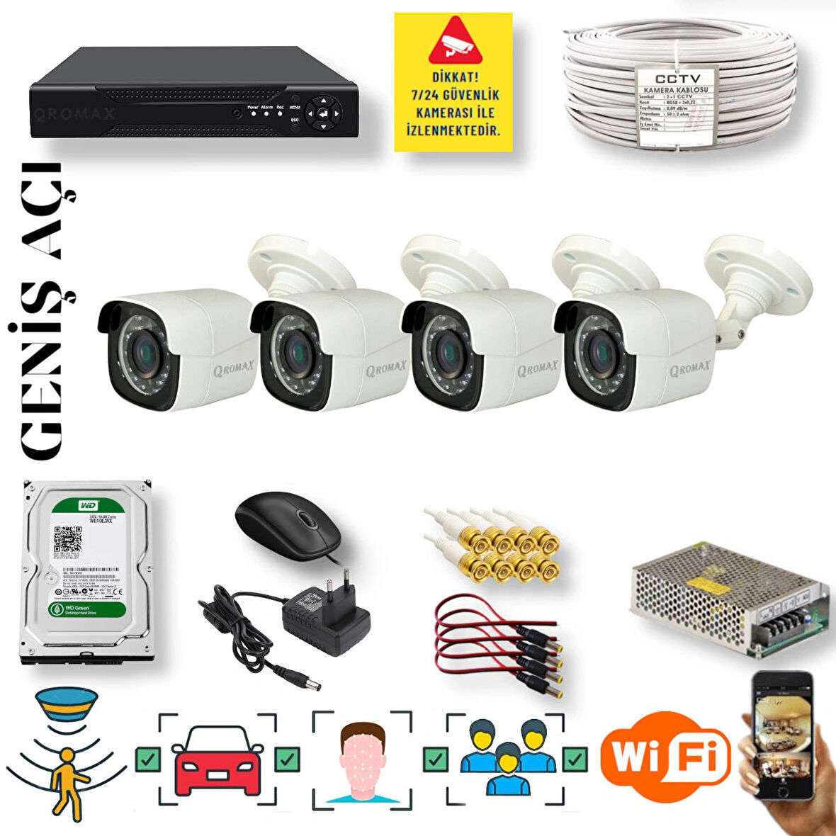 4 Kameralı Set - Yapay Zeka Özellikli Geniş Açılı Gece Görüşlü 5 MP Sony Lensli FullHD Güvenlik Kamerası Seti 5620-104
