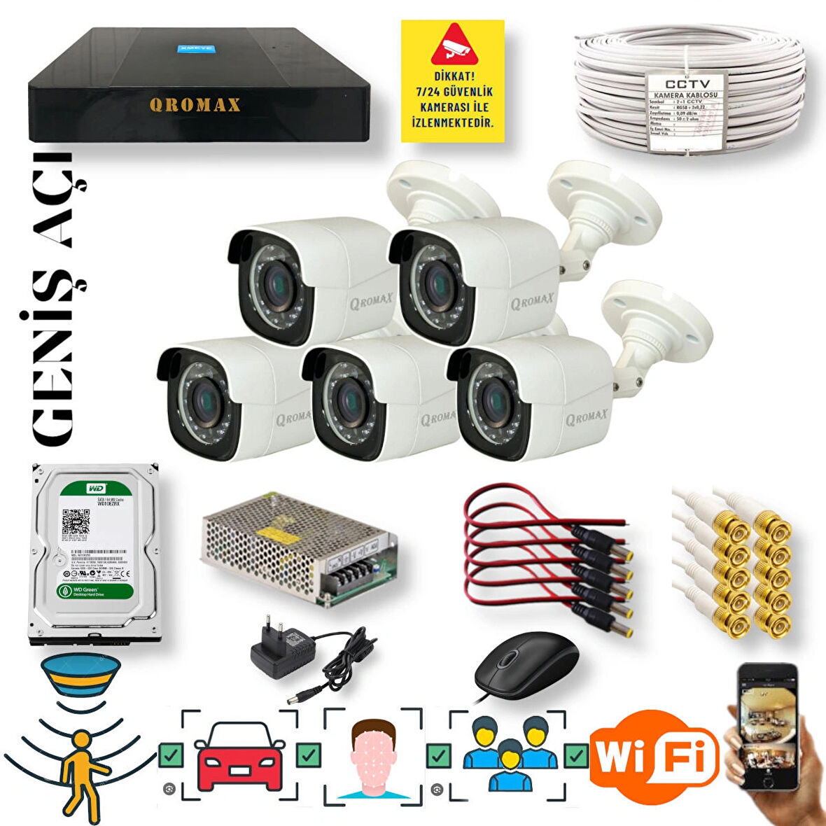 5 Kameralı Set - Geniş Açılı Hareket Algılayan Gece Görüşlü 5 MP Sony Lensli FullHD Güvenlik Kamerası Seti 5620-9008