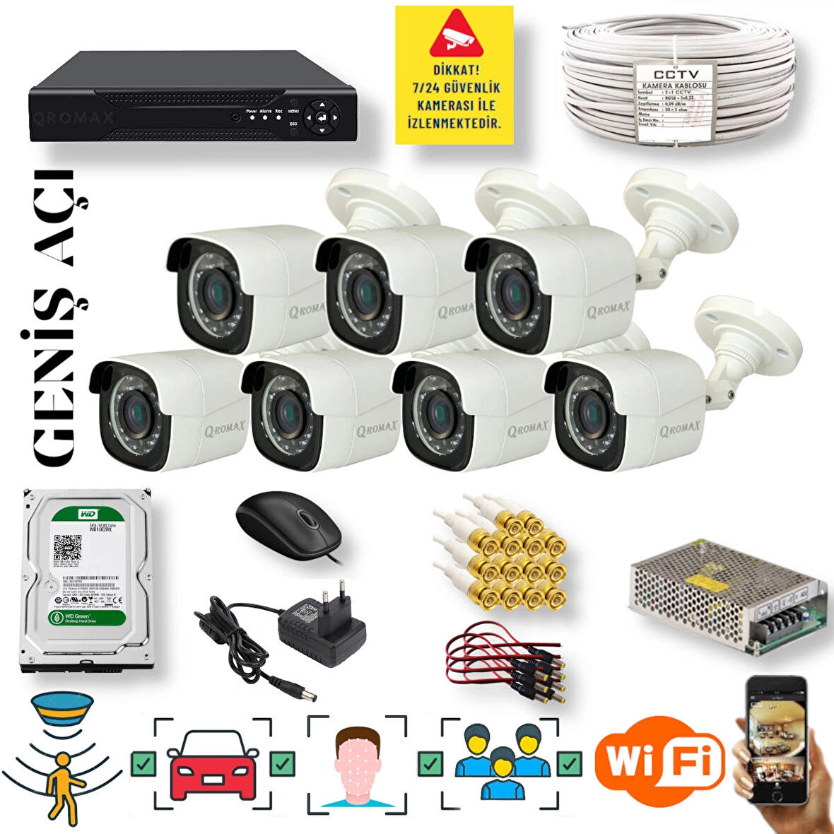 7 Kameralı Set - Yapay Zeka Özellikli Geniş Açılı Gece Görüşlü 5 MP Sony Lensli FullHD Güvenlik Kamerası Seti 5620-108