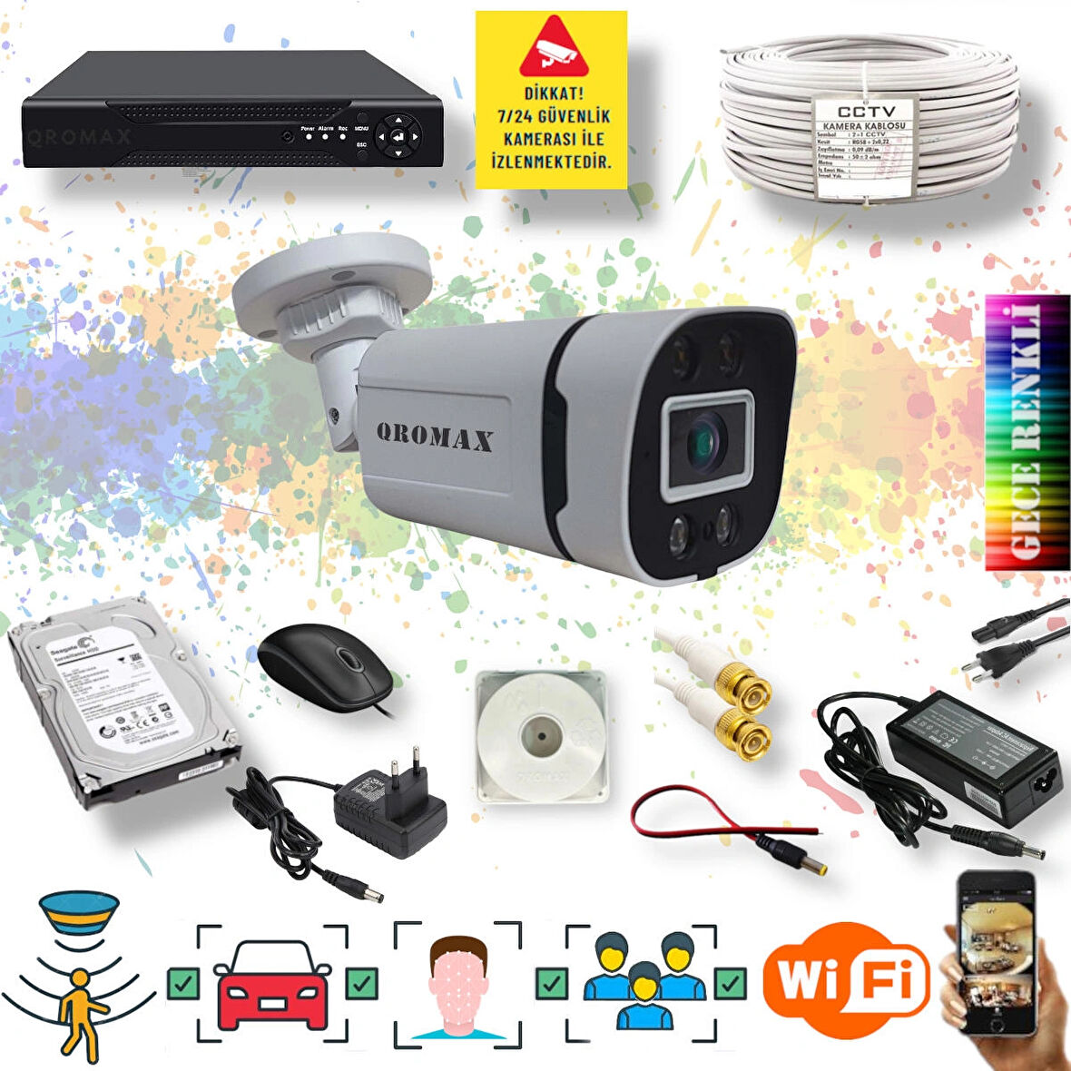 1 Kameralı Set - Yapay Zeka Özellikli Gece Renkli Gösteren 5MP SONY Lensli 4 Ultra Warm Ledli FULLHD Güvenlik Kamerası Seti 604W-114