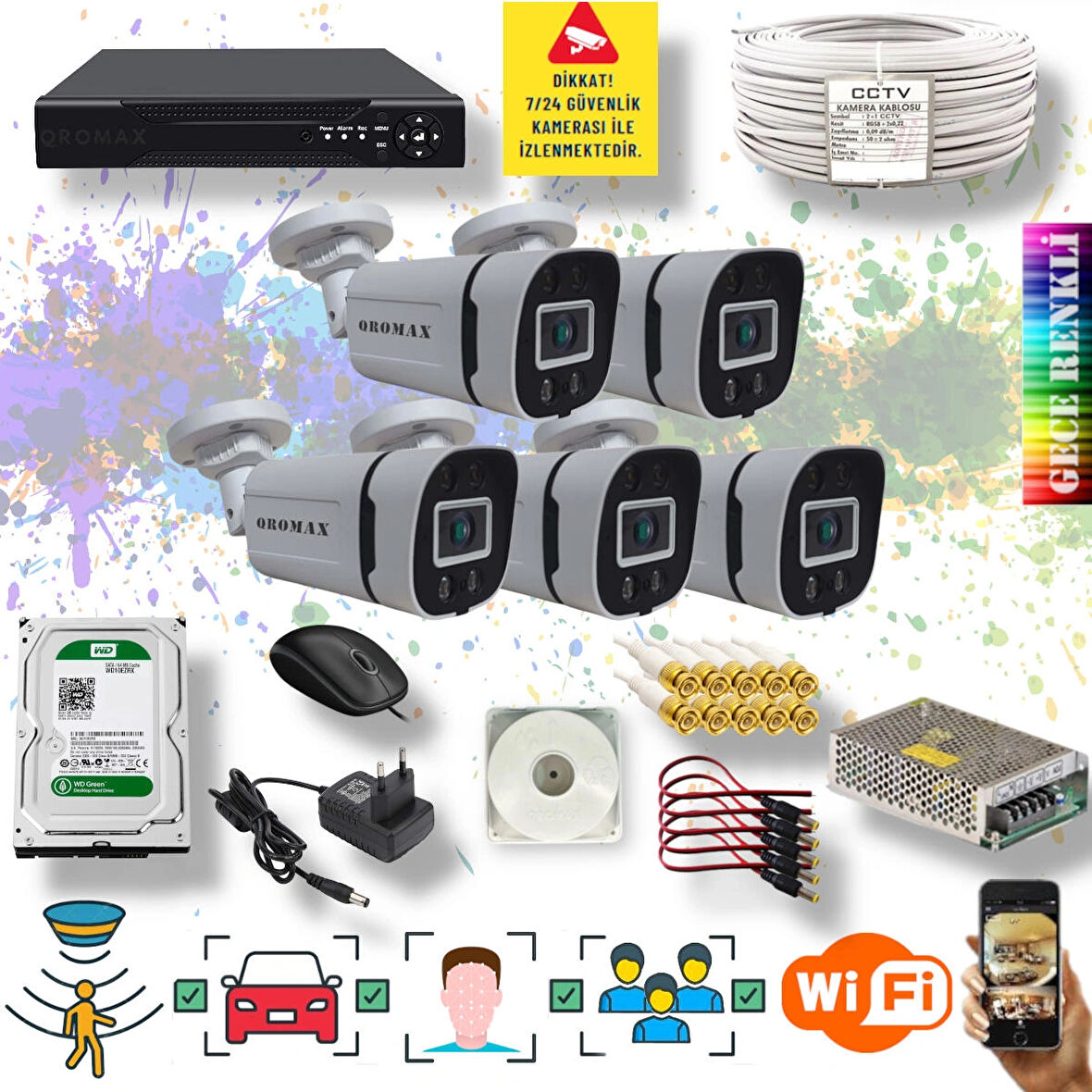 5 Kameralı Set - Yapay Zeka Özellikli Gece Renkli Gösteren 5MP SONY Lensli 4 Ultra Warm Ledli FULLHD Güvenlik Kamerası Seti 604W-108