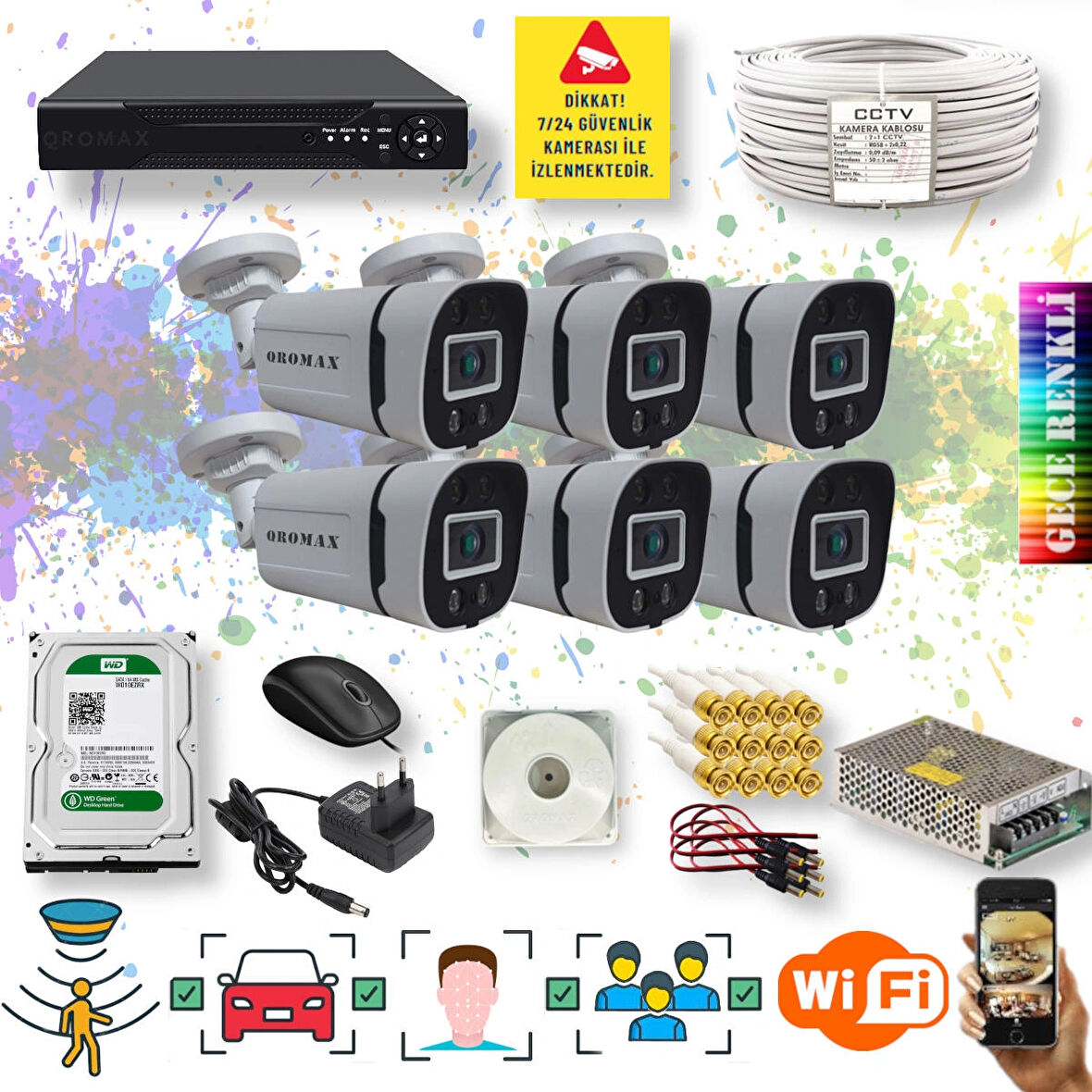 6 Kameralı Set - Yapay Zeka Özellikli Gece Renkli Gösteren 5MP SONY Lensli 4 Ultra Warm Ledli FULLHD Güvenlik Kamerası Seti W-604W-108