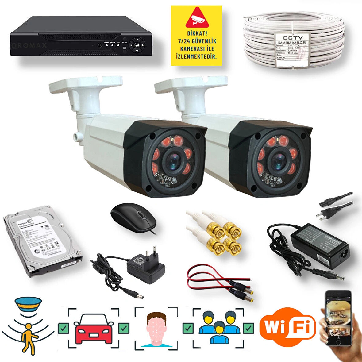 2 KAMERALI SET - İNSAN YÜZ VE HAREKET ALGILAYAN 1080P 5MP SONY LENS GÜVENLİK KAMERASI SETİ 7808