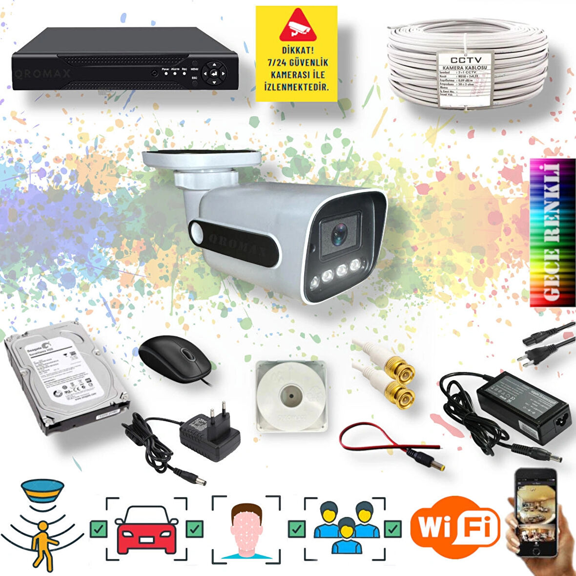 1 Kameralı Set - Yapay Zeka Özellikli Gece Renkli Gösteren 5MP SONY Lensli 4 Ultra Warm Ledli FULLHD Güvenlik Kamerası Seti 784W-114