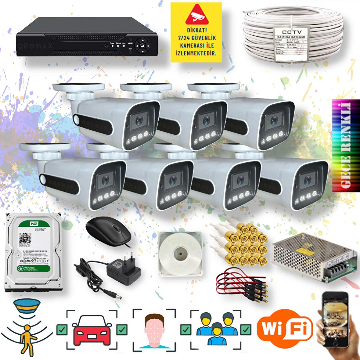 7 Kameralı Set - Yapay Zeka Özellikli Gece Renkli Gösteren Fullhd Güvenlik Kamerası Seti 784w