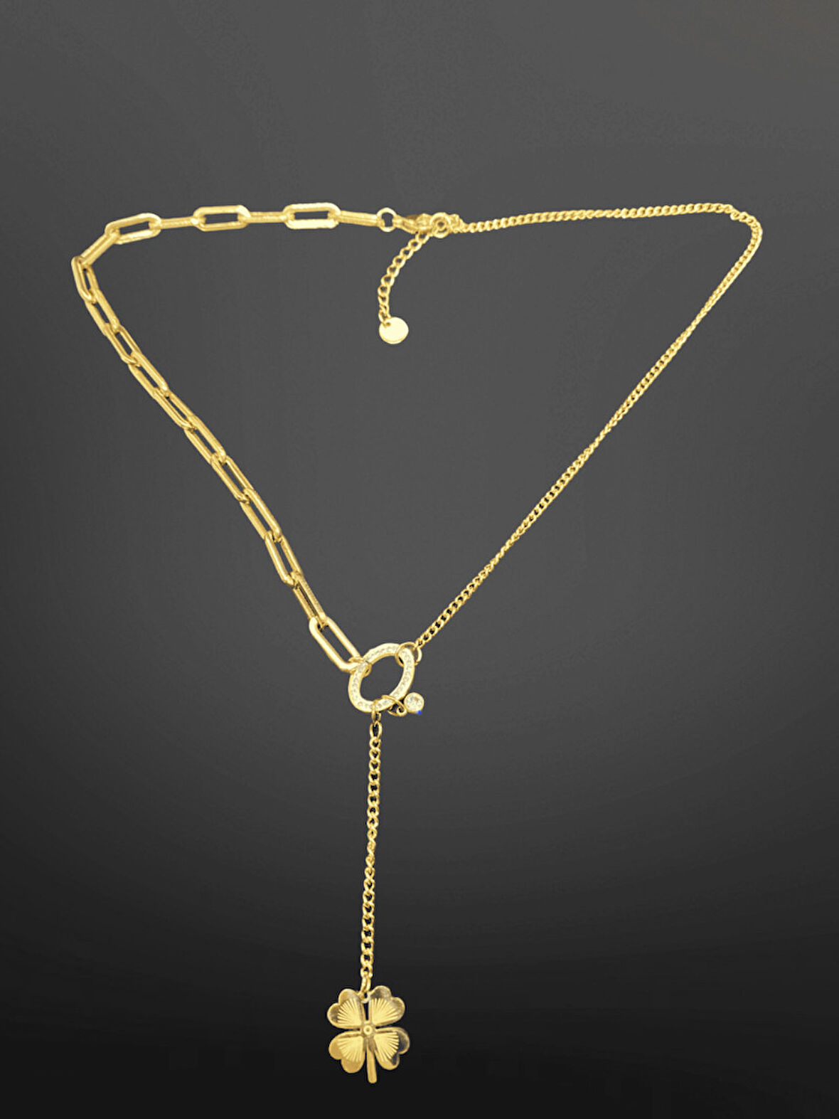 Gold Renk Şanslı Yonca Y-Chain Model 316L Çelik Kolye -  Mixed Chain Trend Tasarım