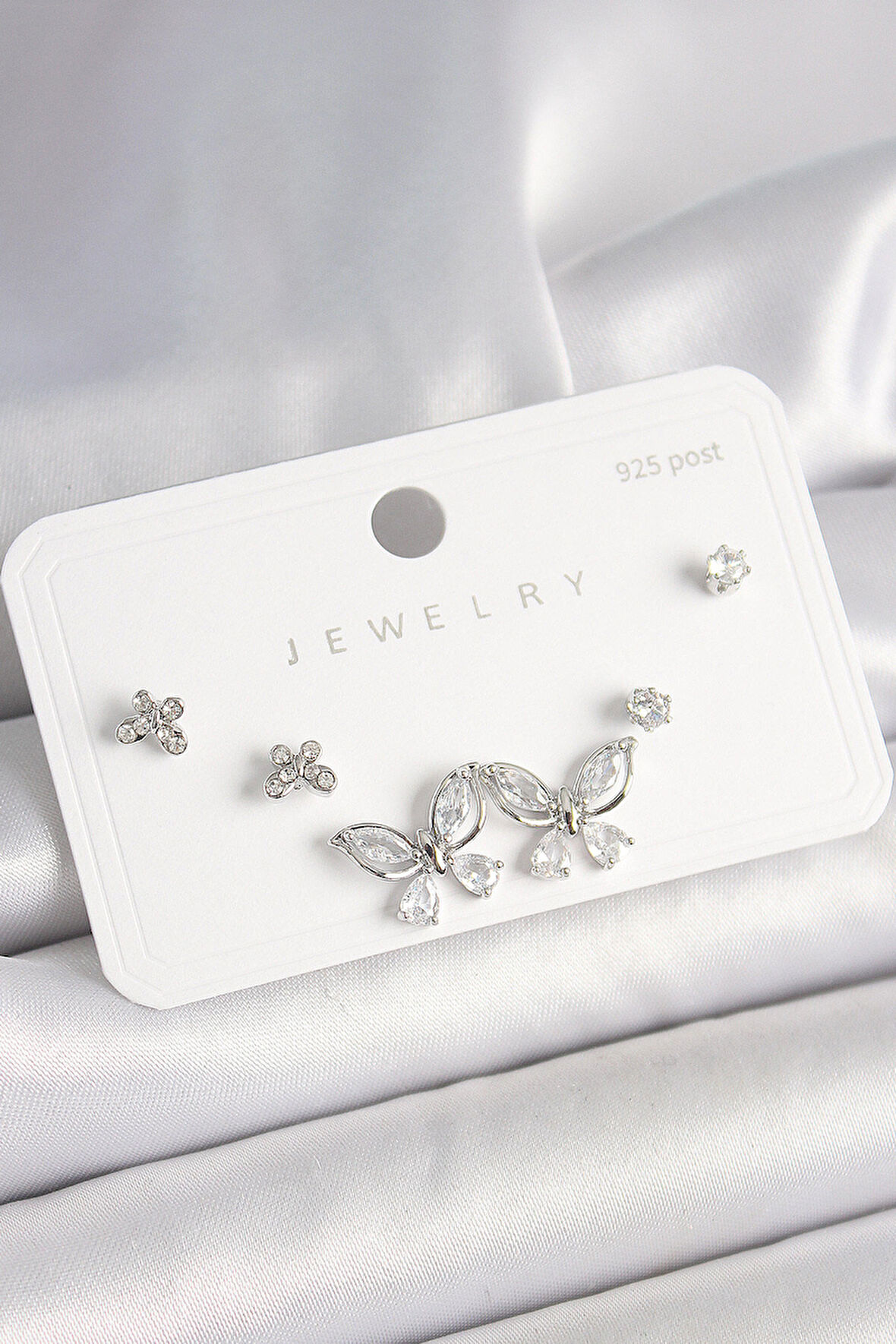 925 Ayar Gümüş Çivi Pirinç Gümüş Renk Zirkon Taşlı Kelebek Model Kadın Küpe Seti