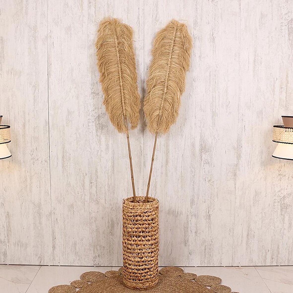 Japandi, Retro İskandinav Dekoratif Bambu Rattan Saksı Süsü Rafya Yelpaze Duvar Dekoru 2li 35x200cm