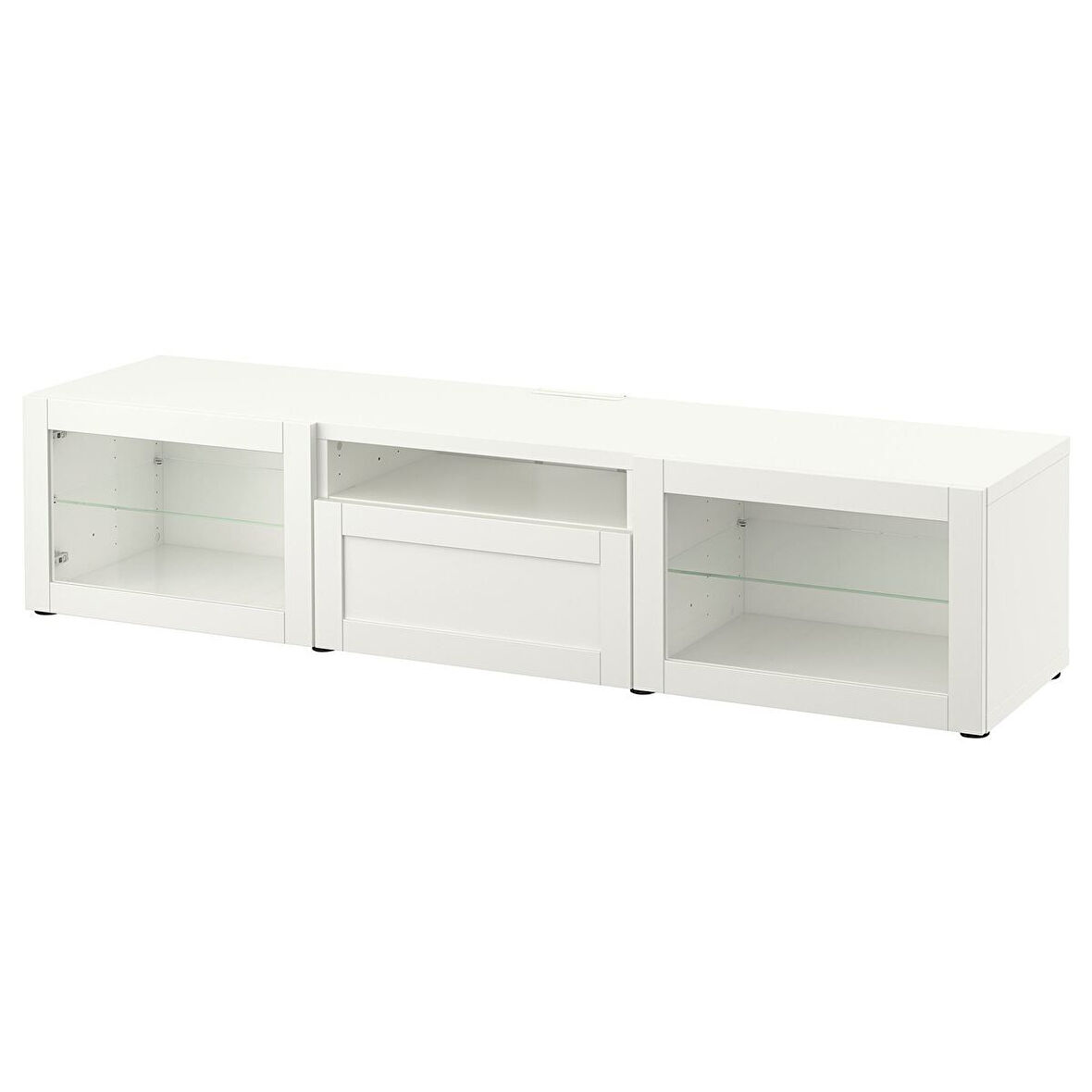 Tv sehpası, beyaz-şeffaf cam, 180x42x39 cm, HANVIKEN/SINDVIK, fren raylı
