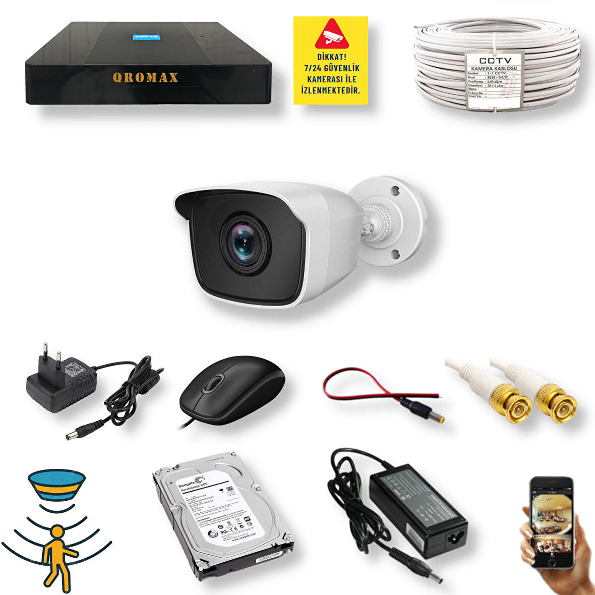 1 Kameralı Set - 5MP Hareket Algılayan 36IR Led Gece Görüşlü Güvenlik Kamerası Seti 536