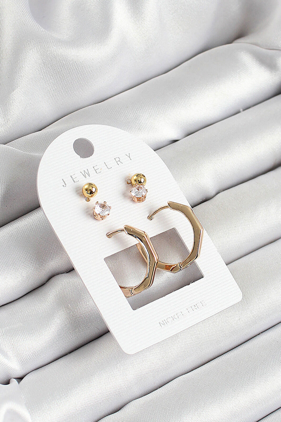 Pirinç Zirkon Taş Ve Kemik Halka Figürlü Gold Renk 3'lü Çift Kadın Küpe Set