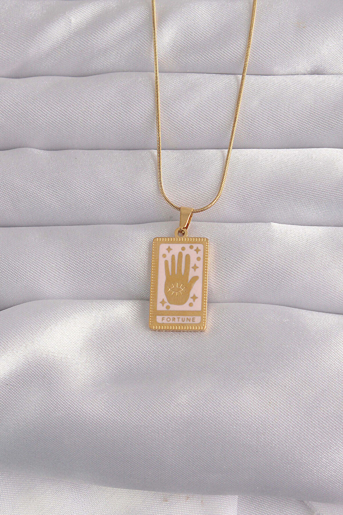 316L Çelik Gold Renk Pembe Mineli El Figür Tarot Kolye - Lisinya