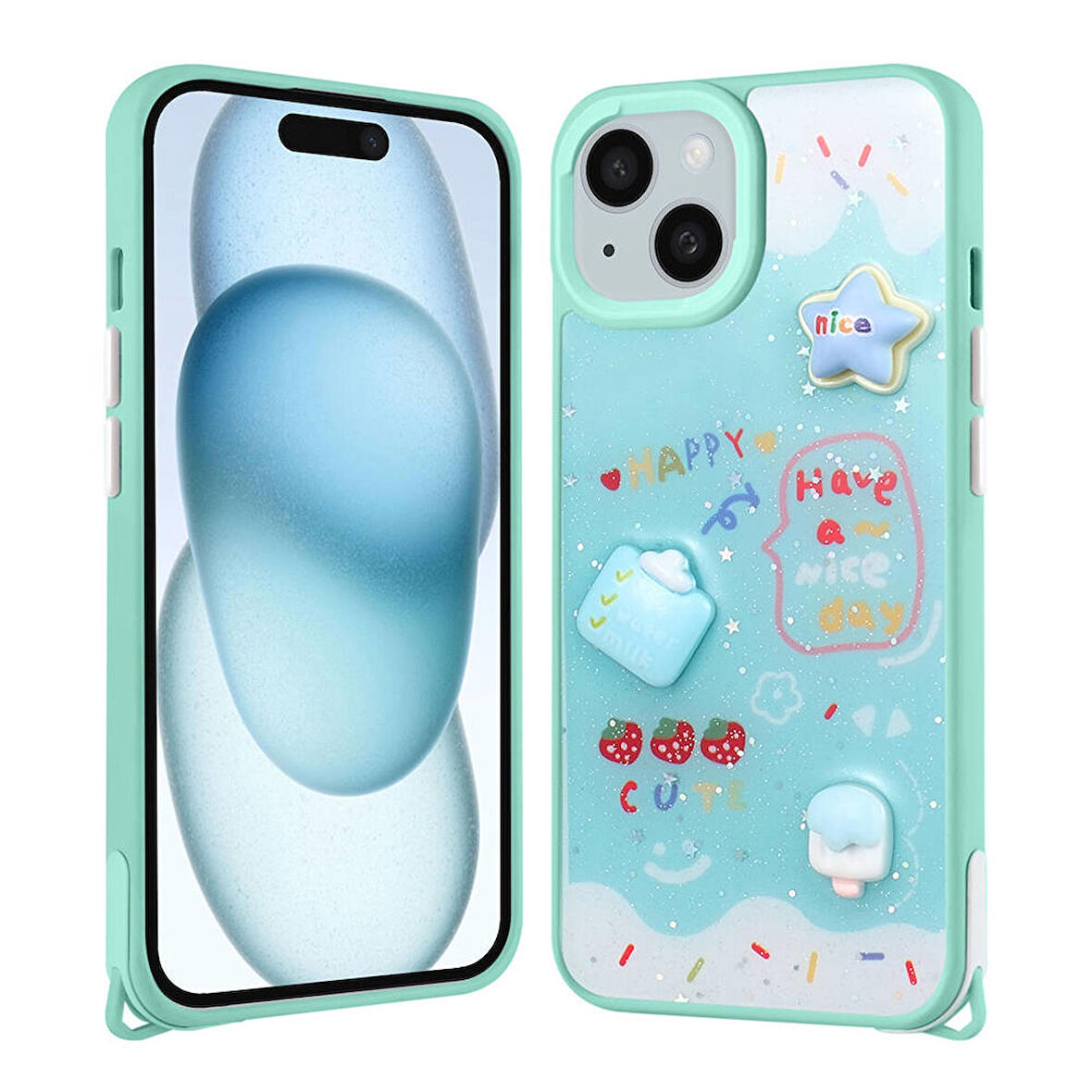 Apple iPhone 13 ile Uyumlu Kılıf Parlayan Sıvılı Simli Kabartma Figürlü Kapak