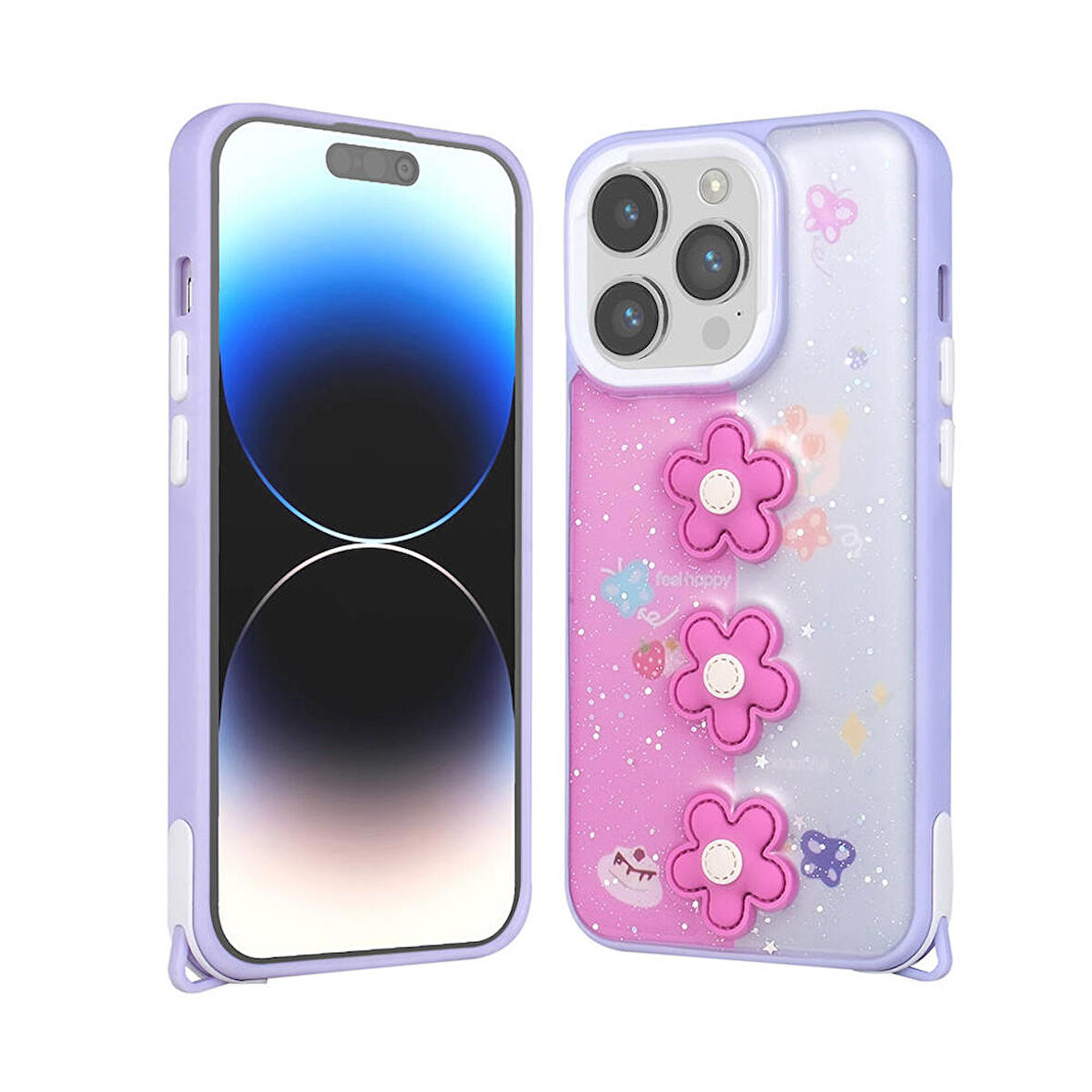 Apple iPhone 14 Pro Max ile Uyumlu Kılıf Parlayan Sıvılı Simli Kabartma Figürlü Kapak