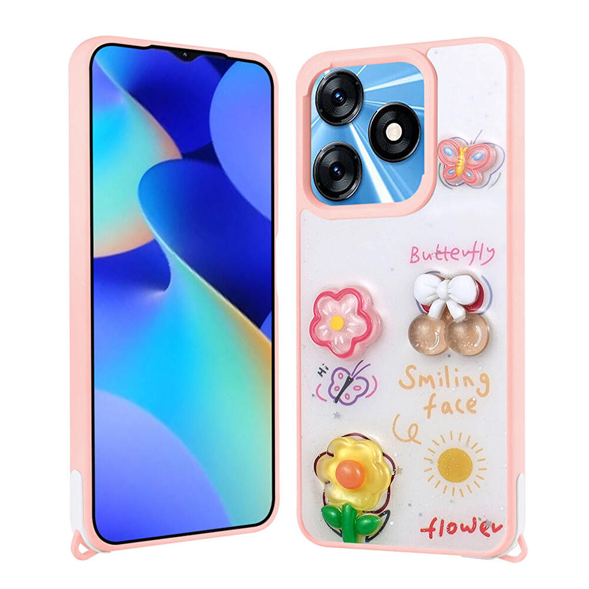 Tecno Spark 10C ile Uyumlu Kılıf Parlayan Sıvılı Simli Kabartma Figürlü Kapak