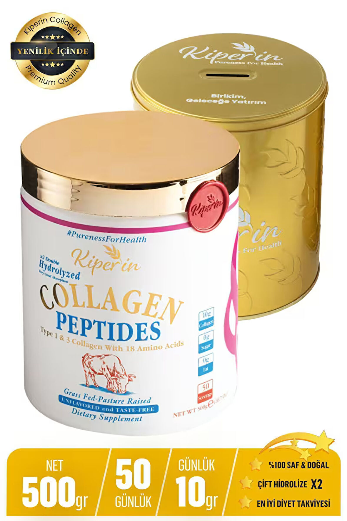 %100 Saf Ve Doğal Yüksek Biyoaktif Çift Hidrolize Kolajen Peptitler içeren Diyet Takviyesi(50günlük)