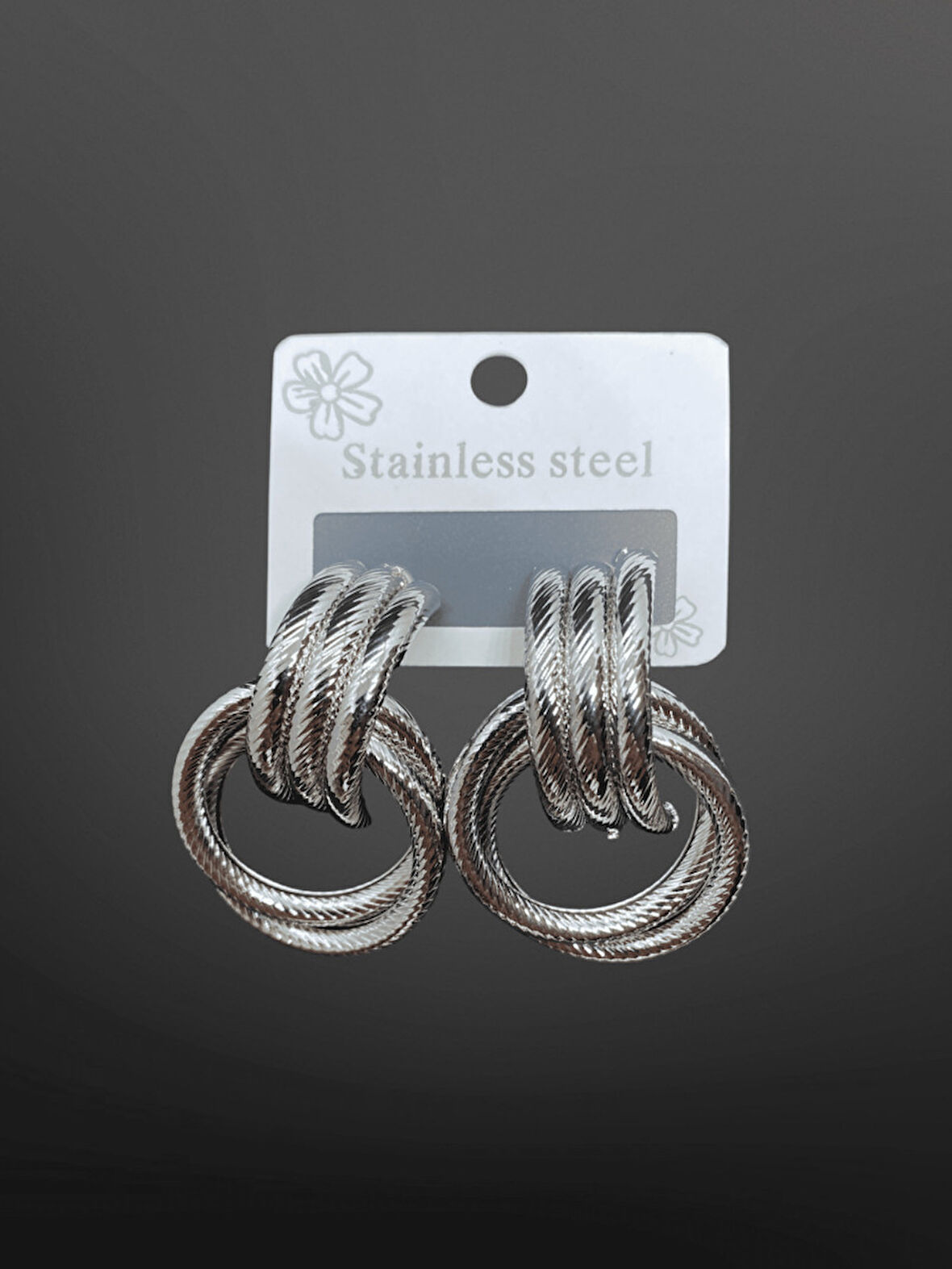 Gümüş Renk Twisted 4'lü Halka Tasarım Parlak 316L Çelik Kadın Küpe | Modern ve Şık