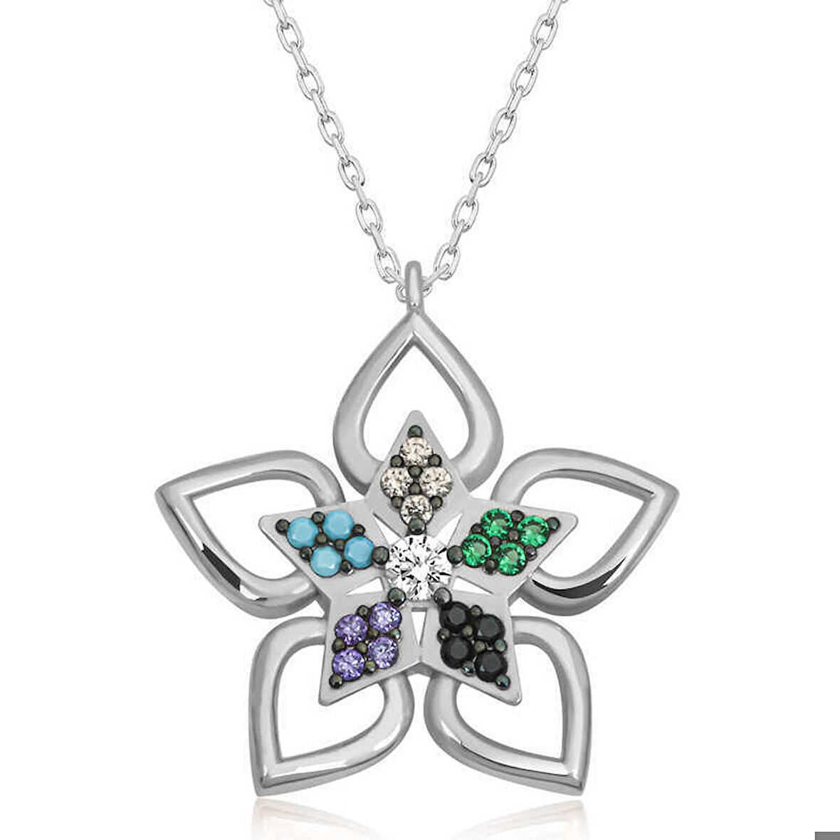 ​Gümüş Renkli Taşlı Çiçek Kadın Kolye