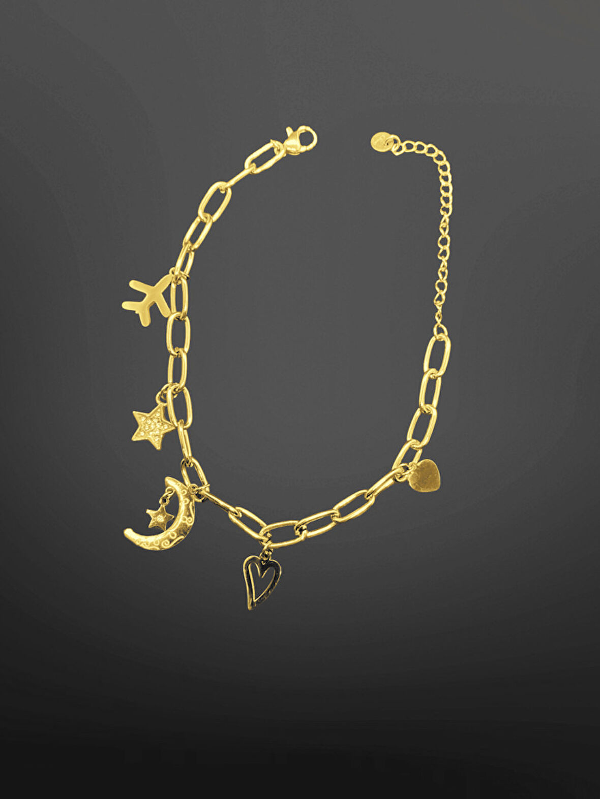 Gold Renk Charm Figürlü 316L Çelik Zincir Bileklik | Ay, Yıldız, Kalp Detaylı Şık Tasarım