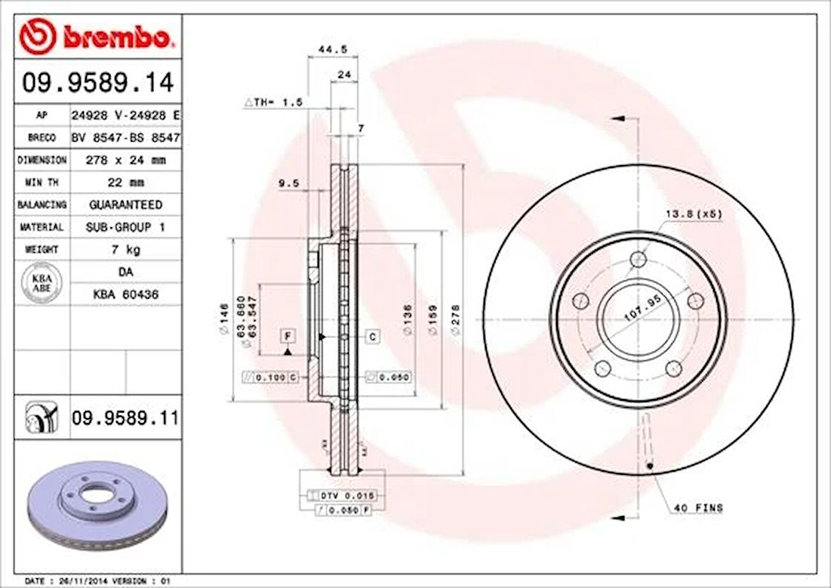 ON FREN DISK AYNASI CONNECT 1.8TDCI 2002-2013 ABS LI 278X24X5DL HAVALI 2T141125CC 1361298 1361300 (2 ADET)
