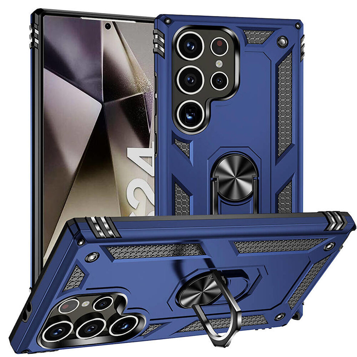 Samsung Galaxy S24 Ultra ile Uyumlu Kılıf Tam Koruma Yüzüklü Standlı Tank Gövdeli Telefon Kılıfı Kapak