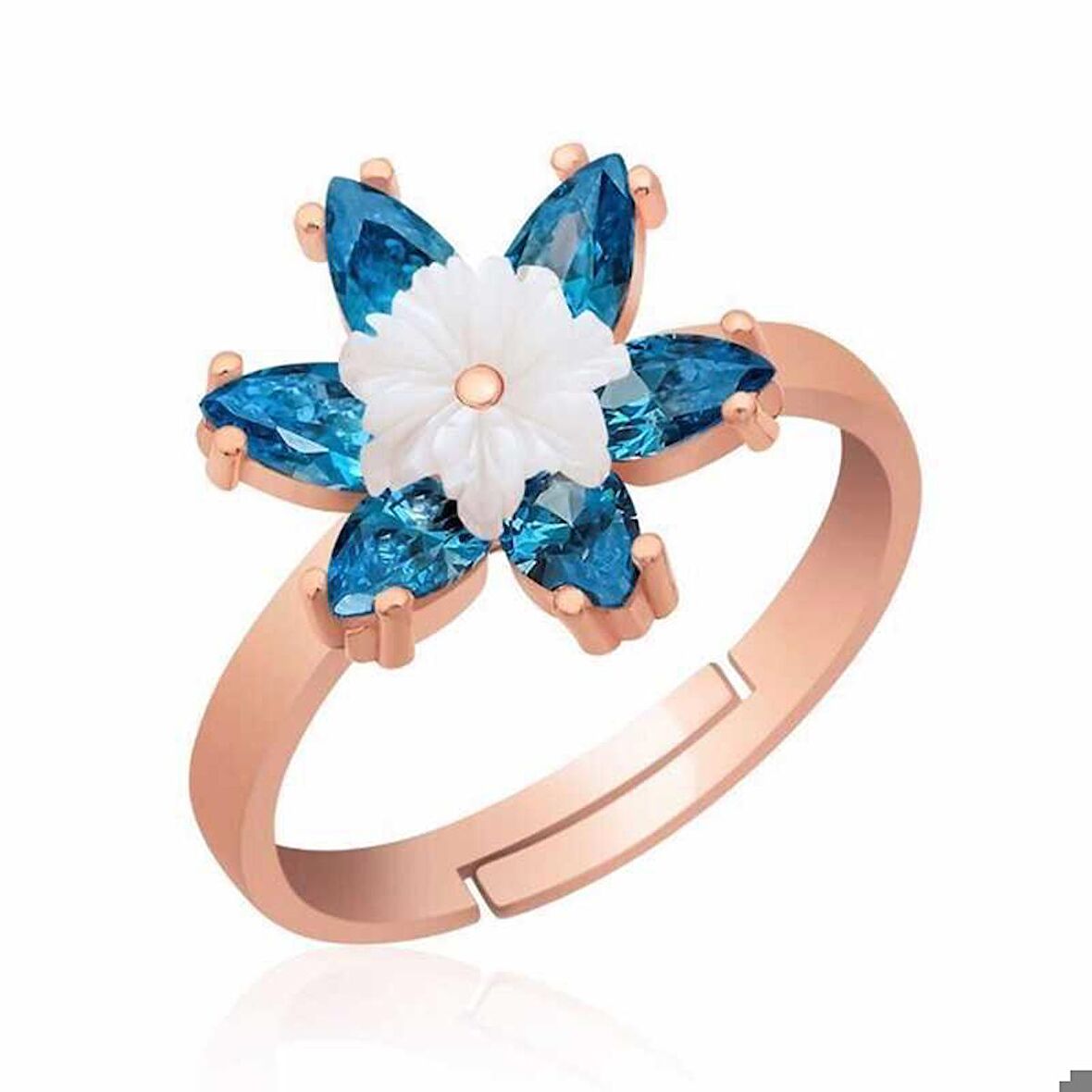 Gümüş Rose Mavi Lotus Çiçeği Yüzük