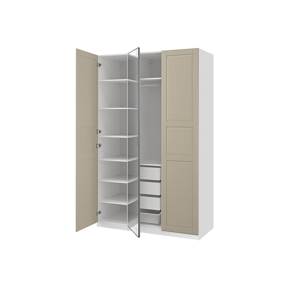 PAX gardırop, beyaz-aynalı cam-gri-bej, 150x60x236 cm