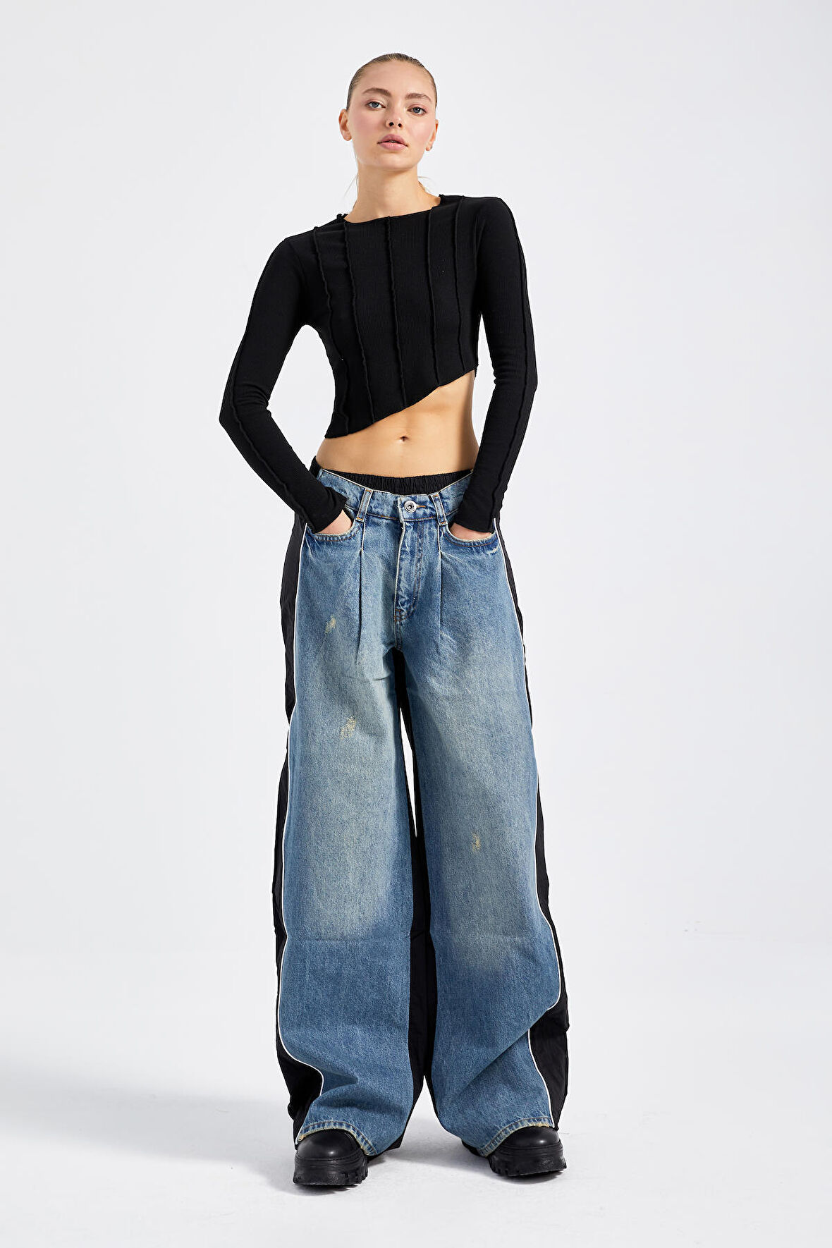 Kadın Kot Rengi Çift Renk Özel Tasarım Palazzo Fit Denim 