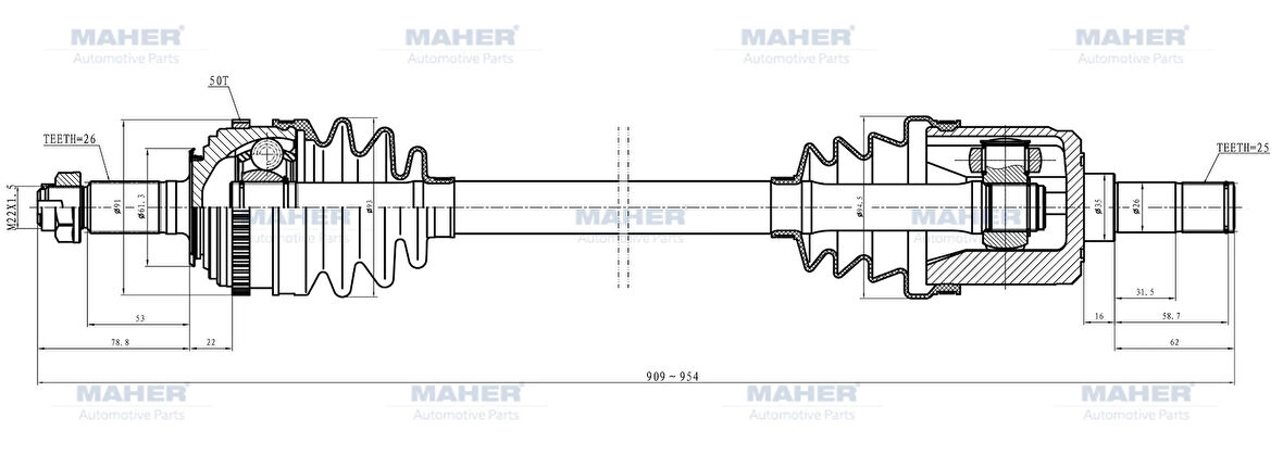 AKS KOMPLE ÖN CIVIC 1992-1995 / SOL M-T / A-T 1.5 ABSLİ 50 DİŞ 909MM 44011 SR3 020